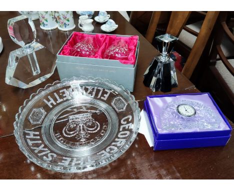 A boxed Edinburgh crystal mantel clock, two cut glass brandy glasses, two Art Deco style perfume bottles etc