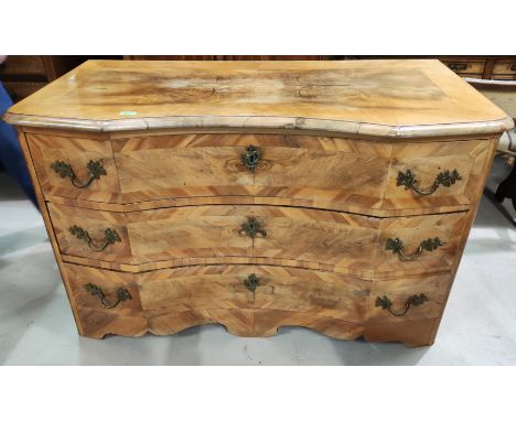An 18th century baroque commode chest of 3 drawers, quarter veneered walnut with chestnut banding, 125cm Generally in good co