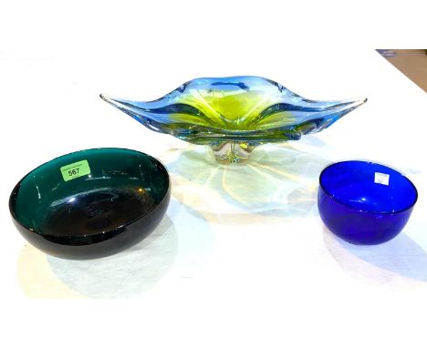 A HOLMEGAARD green glass bowl, signed and dated 1961, 19cm dia, a 1960's glass fruit bowl 41cm and another item 