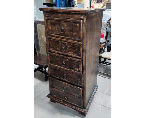 A modern stained wood pedestal chest of 6 drawers, height 107 cm x 46 x 43 