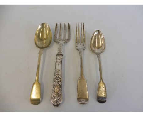 A Victorian silver serving fork, Birmingham 1878 plus a Victorian silver dinner fork London 1843 (?) and two silver plated sp