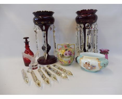 A selection of 19th Century and later glassware including a pair of ruby lustres, a Goebel frosted glass model of a bird etc.