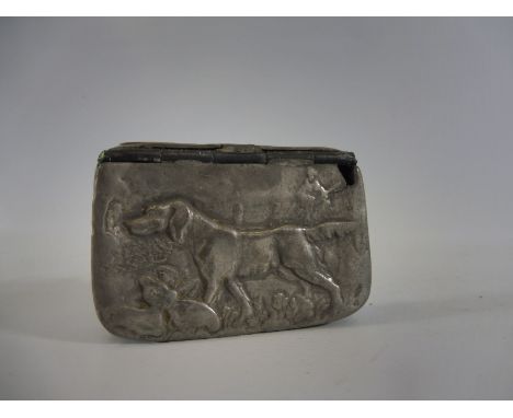 A pewter snuff box embossed with a standing labrador to the lid, 2 1/2" w x 0.5" h x 1 3/4" d.