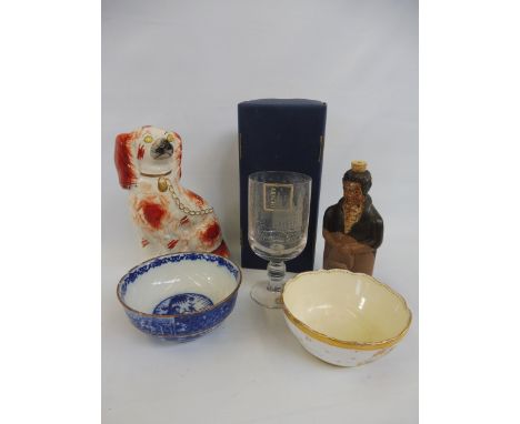 A Victorian Staffordshire pottery liver and white spaniel, a reproduction Denby pottery decanter, a Dresden bowl, a Chinese b