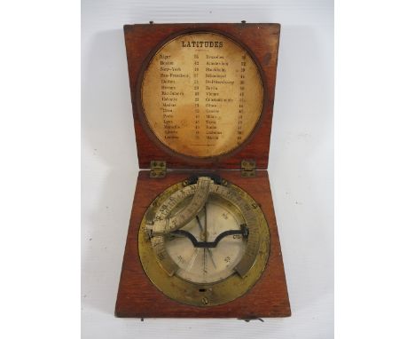 A mahogany cased pocket compass and sextant, the inside of ther lid bearing a paper label for 'Latitudes', the case 3 1/2" sq