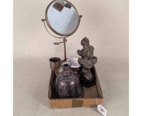 A vintage shaving stand with mirror, a pair of small spelter figures and an unusual white metal Indian style bell shaped deca