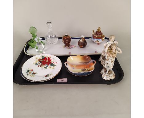 A Noritake porcelain tray, three Japanese porcelain vases, three glass scent bottles plus two late 19th Century German porcel