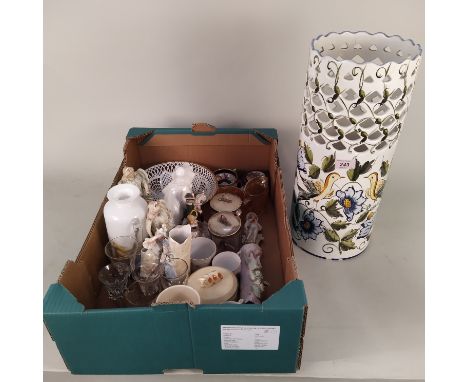 Assorted items including six Victorian sherry glasses, hand painted porcelain pierced bowl, assorted porcelain figures plus a