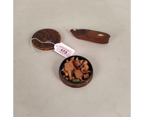 A small group of items to include a carved wooden shoe snuff box, a burr wood patch box with miniature turned wood decanter a