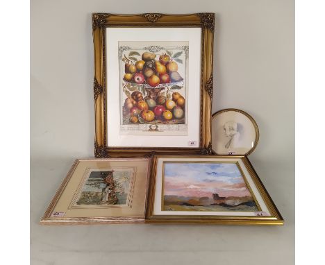 A framed and glazed copy of a Kew Gardens print of fruit after Robert Furber 1732, a pencil sketch of an elderly gentleman in