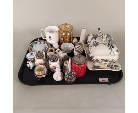 Various crested items, a Victorian Staffordshire soup tureen and ladle plus two cut glass salts with silver rims