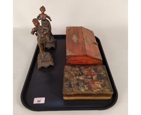 A mahogany and brass writing box, a decorative box plus two patinated metal figures