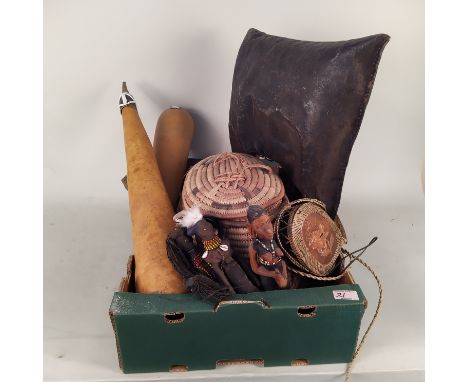 A selection of ethnic items including two gourd water carriers with beaded leather straps, straw baskets, Masai leather bag, 