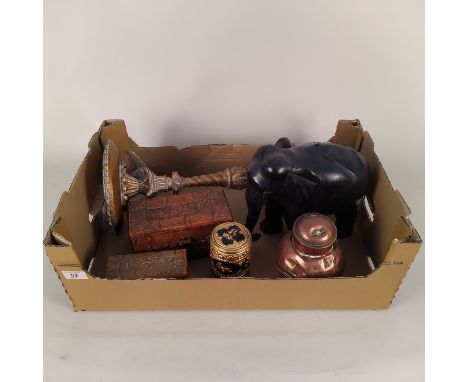 A mixed lot including an ebony elephant, two oriental carved boxes, a composition gilded candlestick, Army &amp; Navy copper 