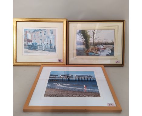 A framed limited edition print of 'The Crown Hotel' Southwold by Mary Gundry, a framed watercolour of Sutton Staithe signed E