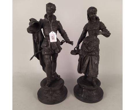 A pair of antique spelter figures of a lady and gentleman, no obvious makers mark, 19 1/2" tall