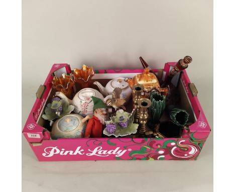 Mixed items including Carnival glass, amber cut glass carafe, a pair of brass candlesticks, a Steiff 'Pucki' (face as found) 