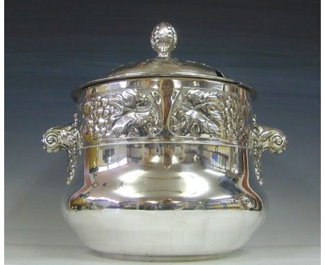Kayser Art Nouveau Silver Plated Punch Bowl &amp; Cover. Germany, Circa 1890. Chased with grape clusters and vine ornaments. 