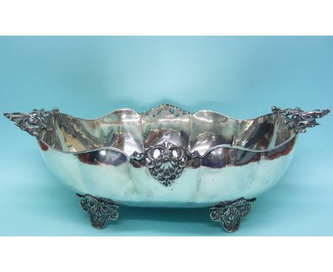 Vintage Italian Silver Fruit Bowl Centerpiece, Alessandria, 1950s. Of oval lobed form, with two cast leaf shape handles, shel