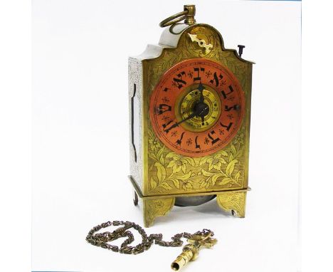 Rare German Baroque Jewish Alarm Clock, Circa 1720, Judaica. Rectangular brass movement, spring driven, verge escapement with