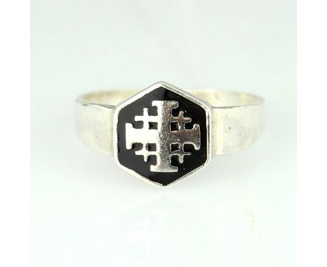 Sterling Silver and Enamel Jerusalem Cross Ring. Hexagonal front with black enamel. Marked - 925 for sterling silver. Size: 8