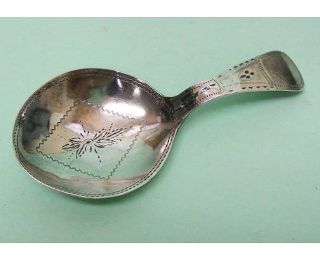 Sterling Silver Caddy Spoon, George Wintle, London, England, 1797. The bowl is engraved with leaves and bright cut decoration