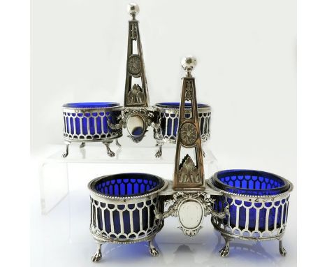 Pair Of Sterling Silver Salts, Etienne Phelippeaux, France, 1803-1809. The pierced oval twin compartments flanking a tapering