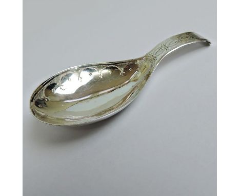 George III Sterling Silver Caddy Spoon, Samuel Pemberton, Birmingham, England, 1802. With a pear shape bowl, bright cut old E
