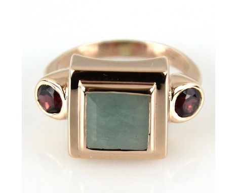 14k Rose Gold, Aquamarine and Garnet Ring. Square shape front set with an opaque aquamarine in a princess cut (size 8x8mm). S