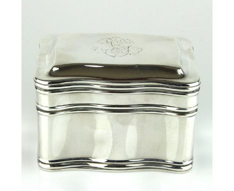 WMF Silver Plated Jewelry Box or Tea Caddy, Germany, Circa 1920. Rectangular wavy shape. Hinged lid with an engraved monogram