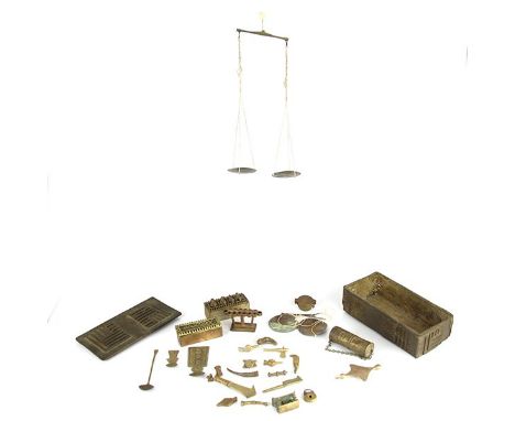 African Ashanti Gold Weighing Set. Comprising: 3 gold dust boxes, 3 gold dust spoons, weights set, 2 scales (one damaged), va