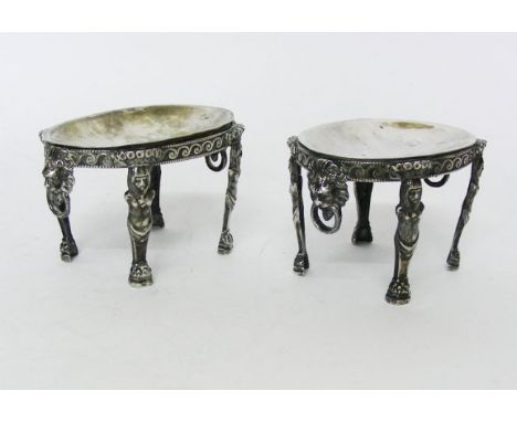 Rare Pair Of Dutch Silver Salt Stands, Netherlands, Circa 1850. The stands are of oval form with pendant ring handles held by