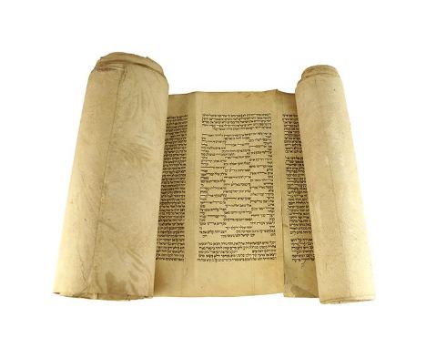 Important Kabbalistic Rav Avraham Adadi Complete Torah scroll on Gevil, Libya, Circa 1800. Square Sephardic script. Tagin on 