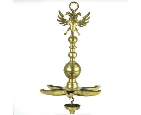 Large German Brass Hanging Sabbath Lamp Judenstern, Circa 1880, Judaica. Heavy cast massive brass of elaborate form, the balu