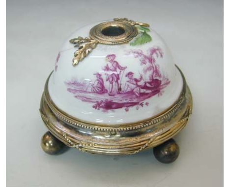 Risler &amp; Carre Silver Gilt And Porcelain Electric Table Bell, Paris, France, Circa 1900. The porcelain dome is hand paint