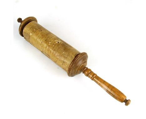 Esther Scroll Megillah on Parchment, Italy, 19th Century, Judaica. Sepharadic script. No Tagin. Turned wooden roller. 23 line