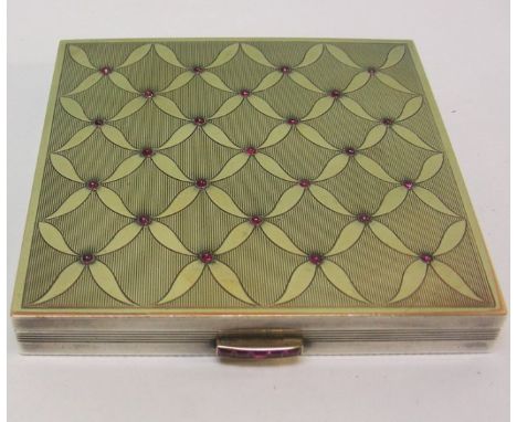 Art Deco Gilt Silver &amp; Ruby Powder Case Compact, 1940s. Square case with a gilt hinged lid engraved with symmetrical Art 