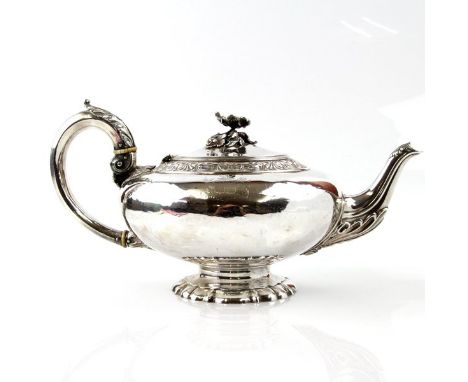 Francois Durand Sterling Silver Teapot, Paris, France, 1828-1874. The hinged cover is topped with a flower shape finial, styl