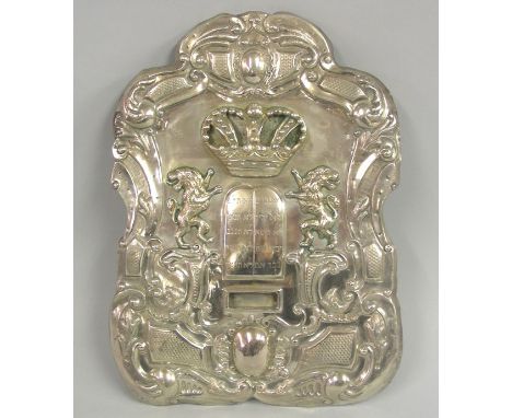 Austro-Hungarian 800 Silver Torah Shield, Vienna, Circa 1890. Applied with two lions flanking the Tables of The Decalogue eng