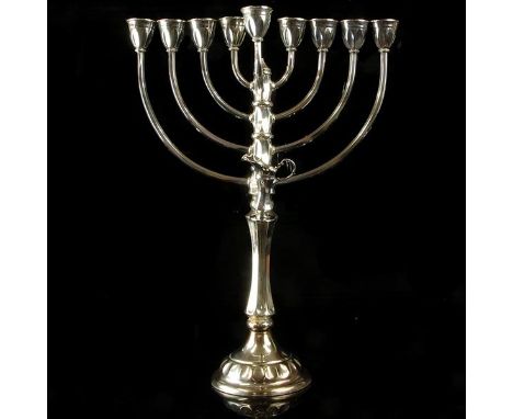 Huge Sterling Silver Hanukkah Lamp Menorah. Detachable servant light (Shamosh) above a detachable oil jug. Octagonal stem wit