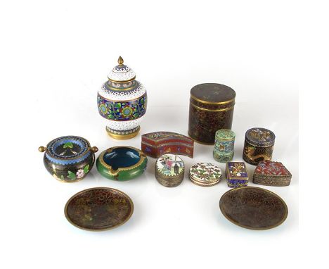 Lot of 12 Chinese Cloisonne Enamel Items. Including: 3 jars, 2 ashtrays, 4 snuff boxes, pair of under plates, urn, powder cas