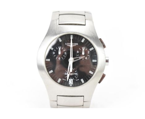 A Longines Opposition, chronograph, quartz, gents, stainless steel wristwatch, having a black dial with luminous markers, thr
