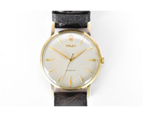 A Rolex Precision, manual wind, gents, 9ct gold wristwatch circa 1956, having a silvered dial with centre seconds and baton m