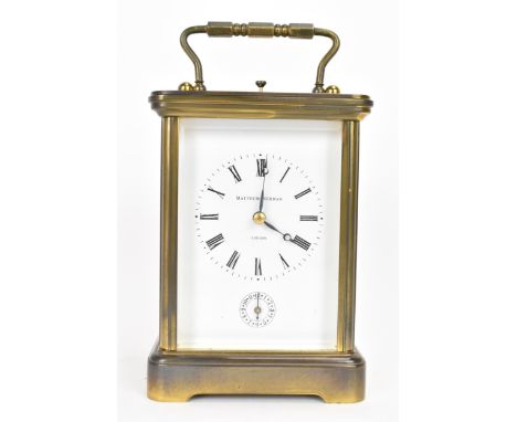 A Matthew Norman gilt metal repeating and alarm carriage clock, the white enamel dial having Roman numerals with blued Bregue
