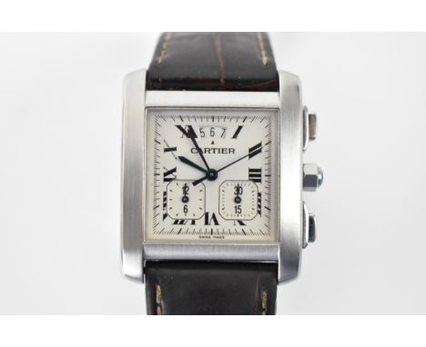 A Cartier Tank Francaise, chronograph, quartz, gents, stainless steel wristwatch, having a square dial, centre seconds, date 