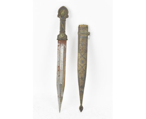A 19th century Russian Kindjal dagger, the white metal engraved scabbard decorated with a floral scroll design and inlaid wit