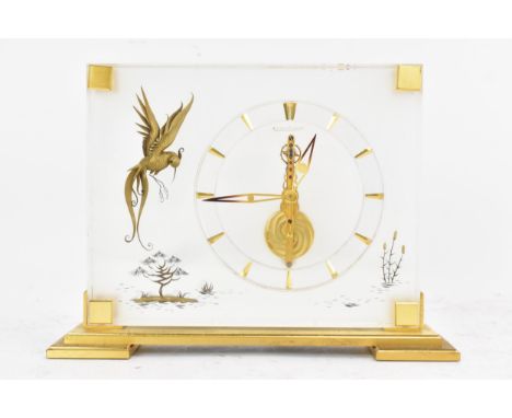 A Jaeger LeCoultre 'Marina' desk clock, with visible 8-day movement, the chapter ring with baton markers, contained in a rect