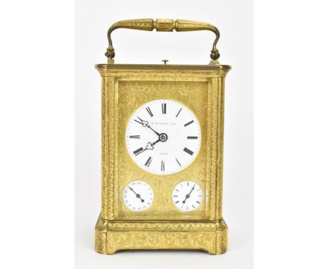 A late 19th century French gilt metal, repeating, alarm and date carriage clock, the white enamel dial signed 'D.Potonie Pari