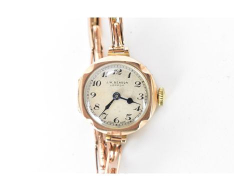 A J.W Benson, manual wind, ladies, 9ct gold wristwatch, circa 1930s, having a silvered dial with Arabic numerals and blued ha