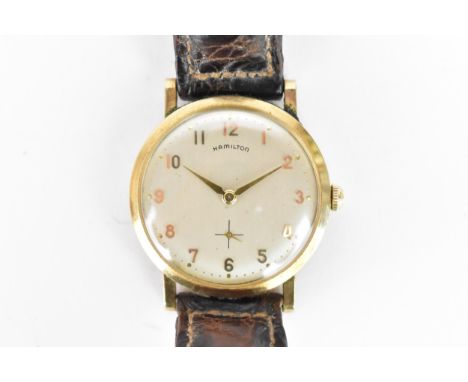 A Hamilton Medallion, manual wind, gents, gold plated wristwatch, circa 1950s, having a silvered dial with Arabic numerals an